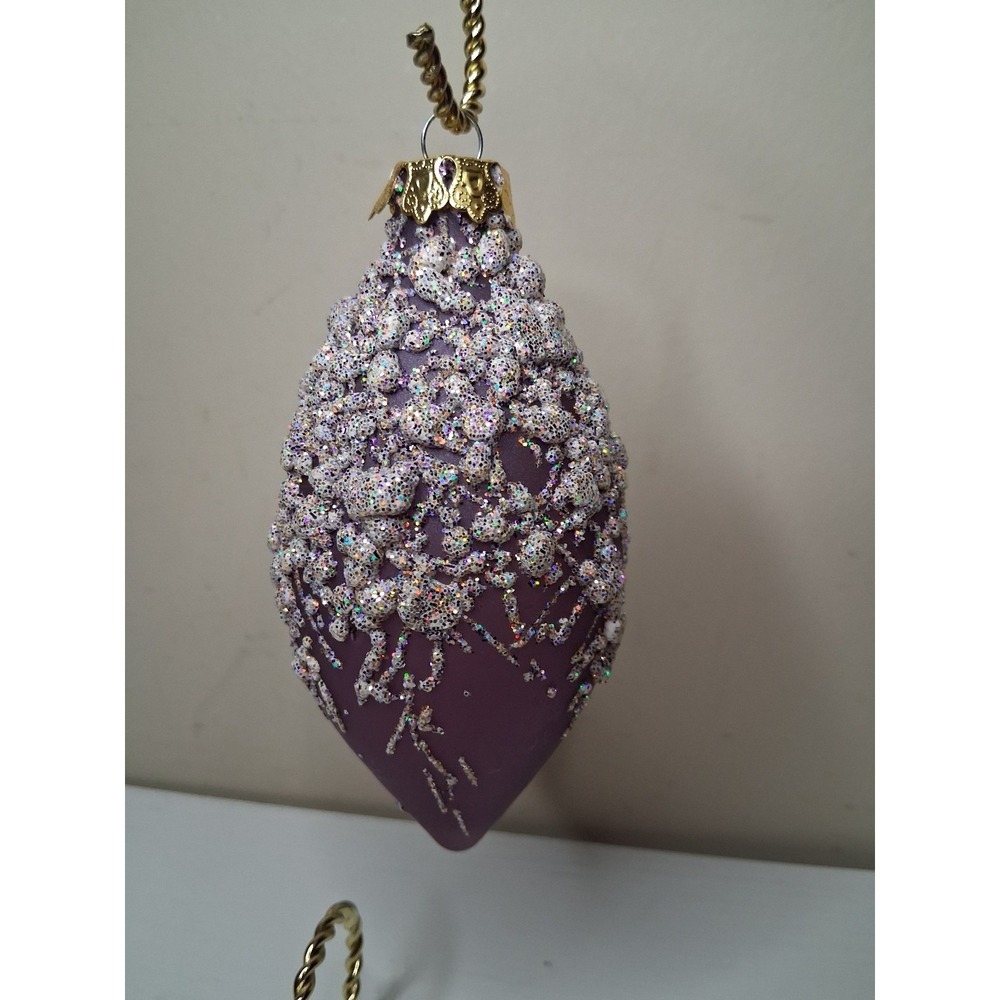 Vintage 5" Purple Matte Glass Teardrop Christmas Ornament Heavy Glitter Snow